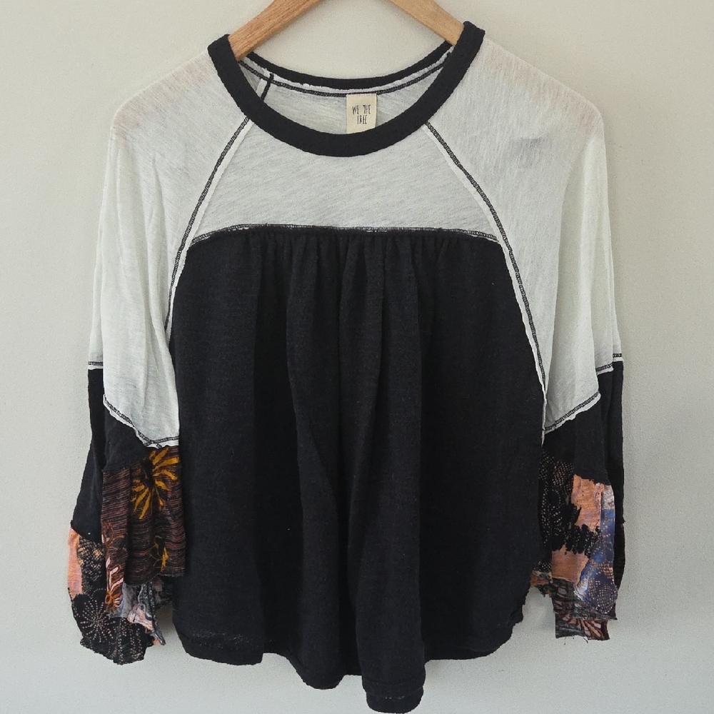 Free People Black and White Long Sleeve Top with Floral Sleeves - Picture 1 of 6